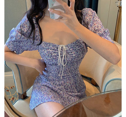 Square Neck Dress Short-Sleeve Sheath Mini Floral