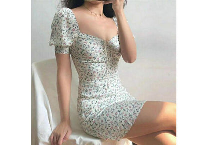 Square Neck Dress Short-Sleeve Sheath Mini Floral