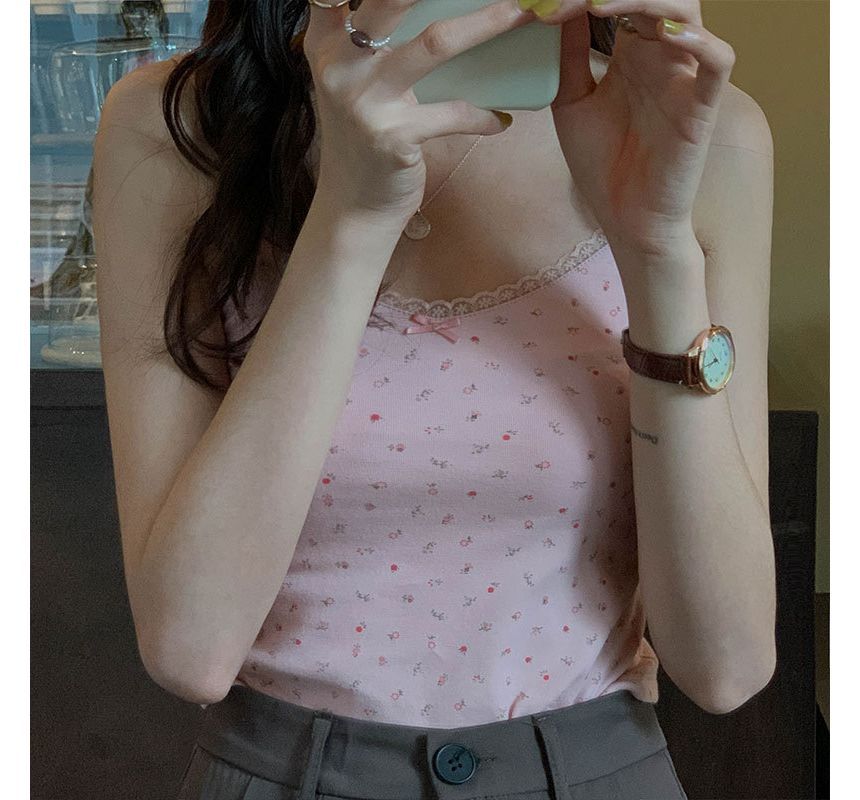 Floral Crop Trim Camisole Print Lace Top