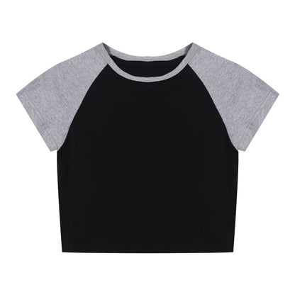 Neck Round Tee Raglan Crop Short-Sleeve
