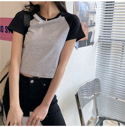 Neck Round Tee Raglan Crop Short-Sleeve