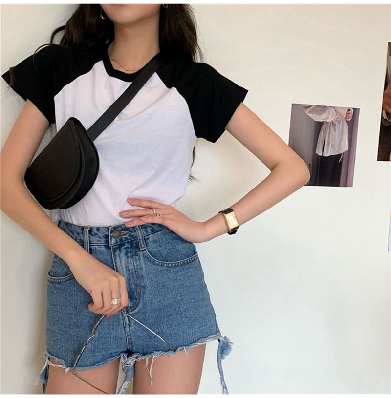 Neck Round Tee Raglan Crop Short-Sleeve