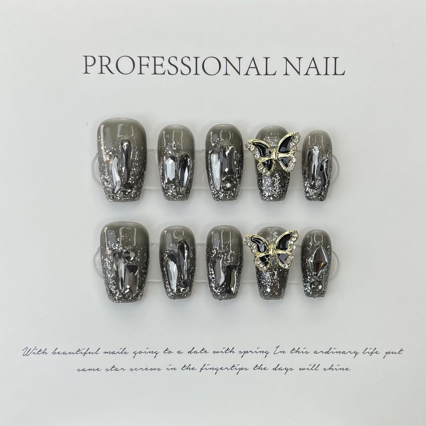 Butterfly Rhinestone Faux Nail Tips