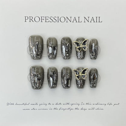 Butterfly Rhinestone Faux Nail Tips