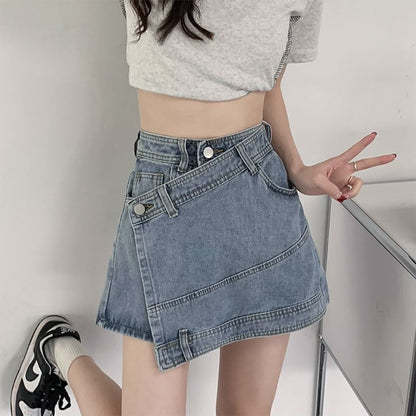 High Waist Washed Asymmetrical Denim Skort