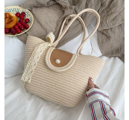 Faux Pearl Buttoned Woven Tote Bag