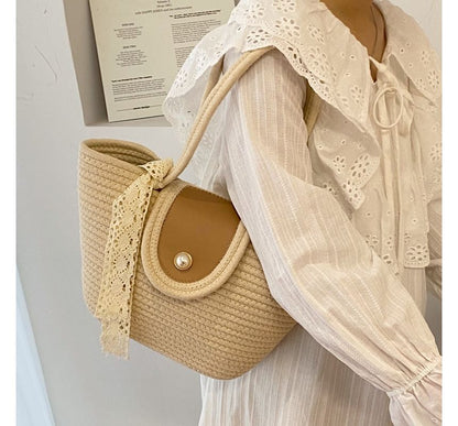 Faux Pearl Buttoned Woven Tote Bag