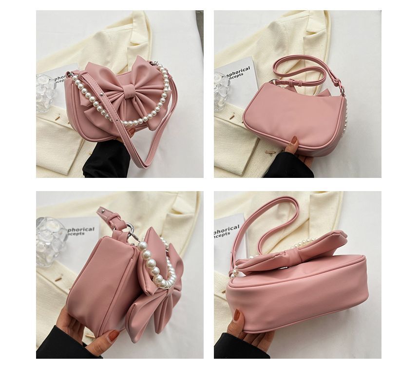 Faux Pearl Strap Bow Crossbody Bag