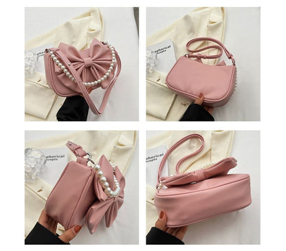 Faux Pearl Strap Bow Crossbody Bag