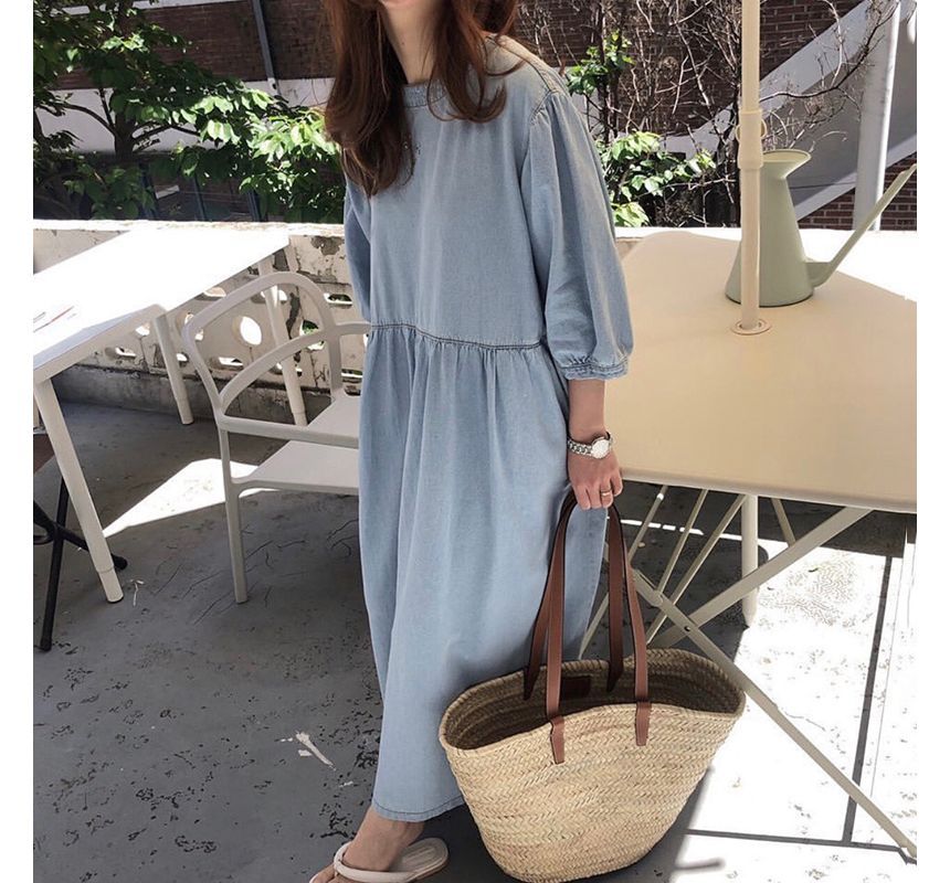 3/4-Sleeve Round Neck Plain Washed Denim Midi Dress