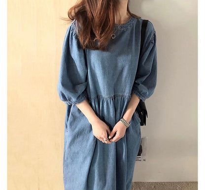 3/4-Sleeve Round Neck Plain Washed Denim Midi Dress