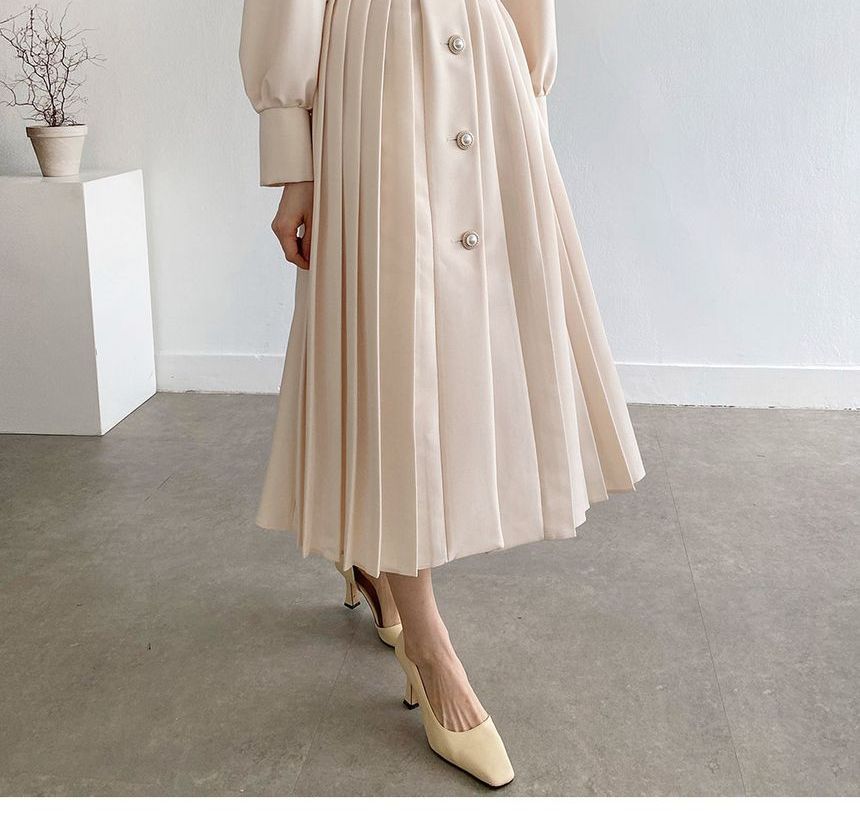 Long-Sleeve Notch Lapel Faux Pearl Button Pleated Midi A-Line Dress