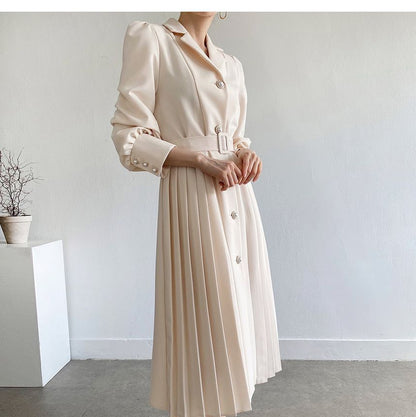 Long-Sleeve Notch Lapel Faux Pearl Button Pleated Midi A-Line Dress