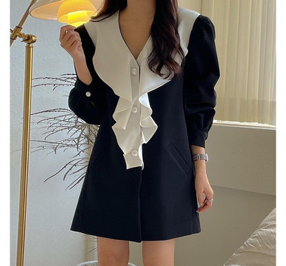 Long-Sleeve V-Neck Two Tone Ruffle Trim Faux Pearl Button Mini Dress