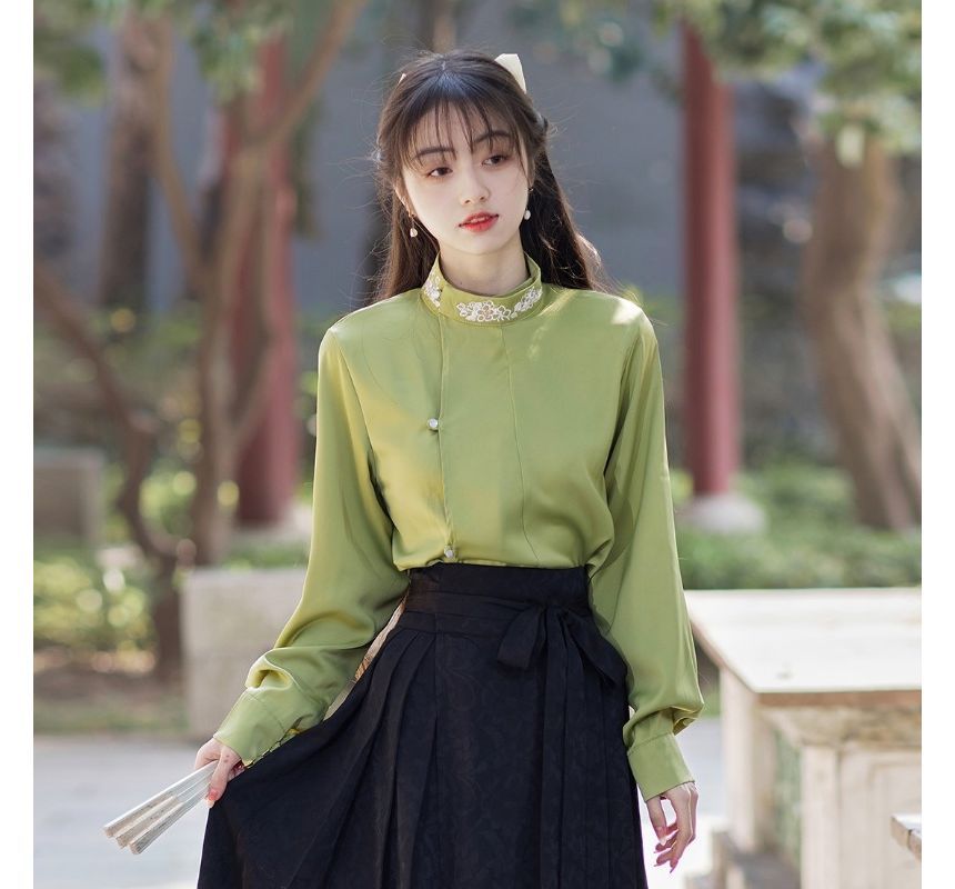 Long-Sleeve Stand Collar Embroidered Blouse / Tie-Waist Pleated Maxi A-Line Skirt