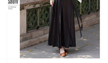 Long-Sleeve Stand Collar Embroidered Blouse / Tie-Waist Pleated Maxi A-Line Skirt