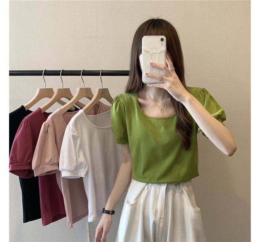 Puff-Sleeve T-Shirt Scoop Plain Neck