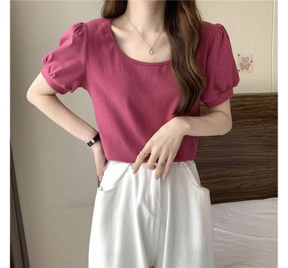Puff-Sleeve T-Shirt Scoop Plain Neck