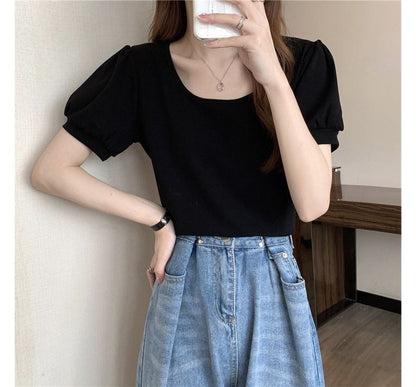 Puff-Sleeve T-Shirt Scoop Plain Neck