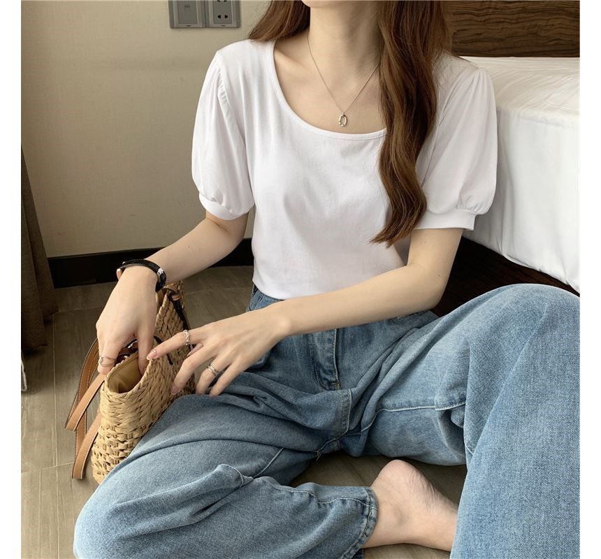 Puff-Sleeve T-Shirt Scoop Plain Neck