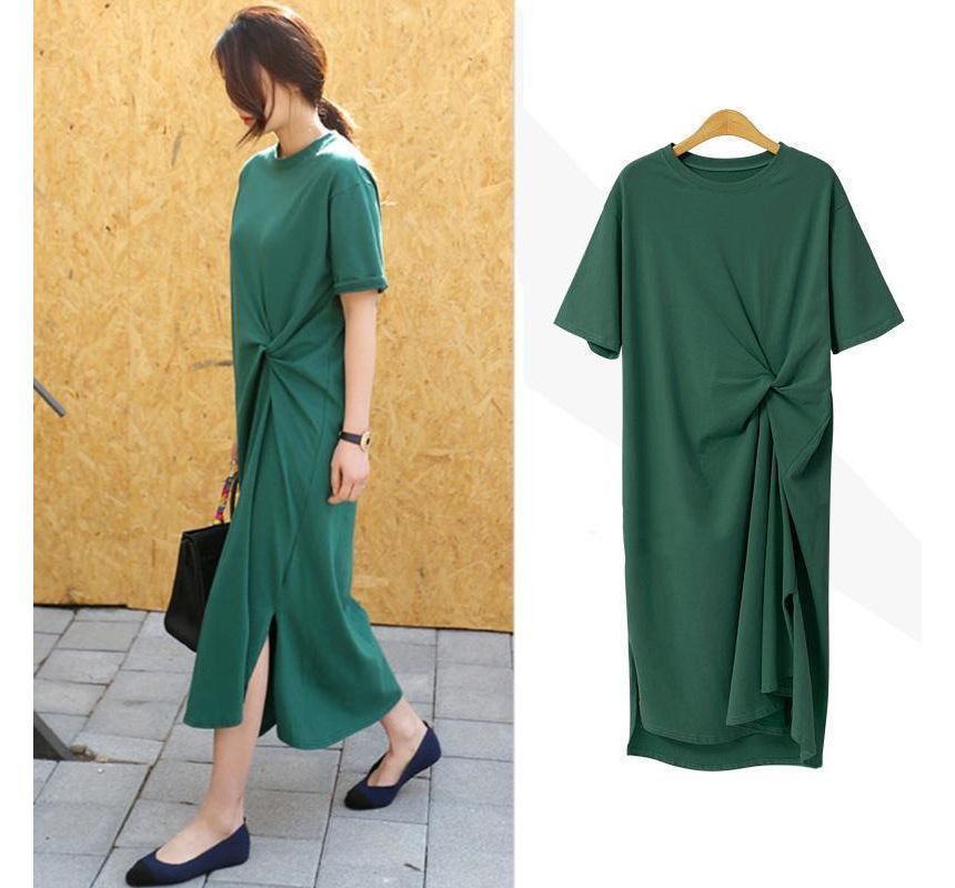Short-Sleeve Plain T-Shirt Neck Midi Dress Crew Twist