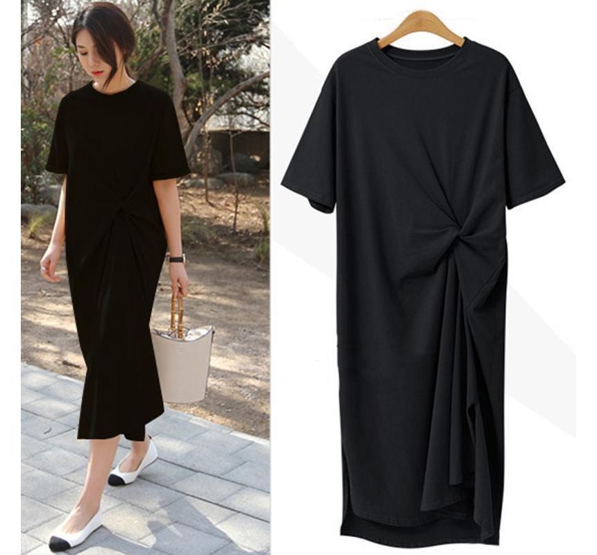 Short-Sleeve Plain T-Shirt Neck Midi Dress Crew Twist