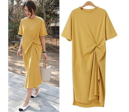Short-Sleeve Plain T-Shirt Neck Midi Dress Crew Twist