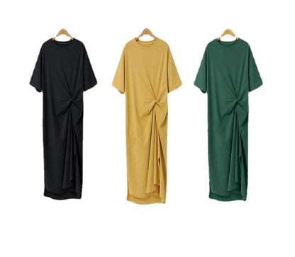 Short-Sleeve Plain T-Shirt Neck Midi Dress Crew Twist