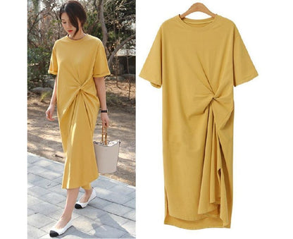 Short-Sleeve Plain T-Shirt Neck Midi Dress Crew Twist