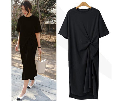 Short-Sleeve Plain T-Shirt Neck Midi Dress Crew Twist