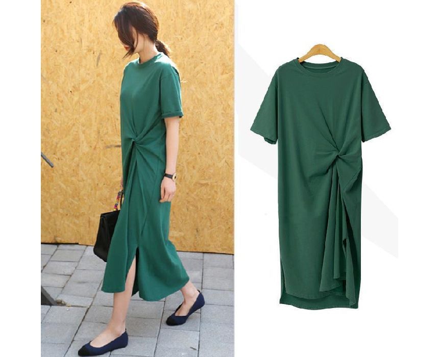 Short-Sleeve Plain T-Shirt Neck Midi Dress Crew Twist