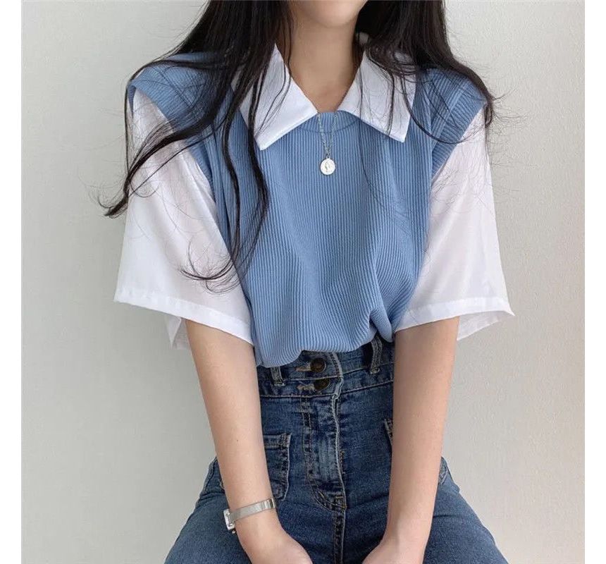 Piece Short-Sleeve Collared T-Shirt Mock Two