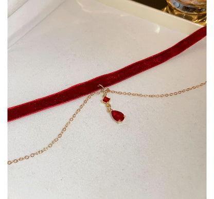 Faux Crystal Pendant Layered Velvet Choker