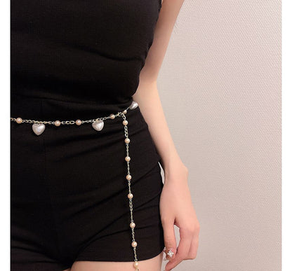 Belt Chain Faux Waist Pearl Alloy Heart