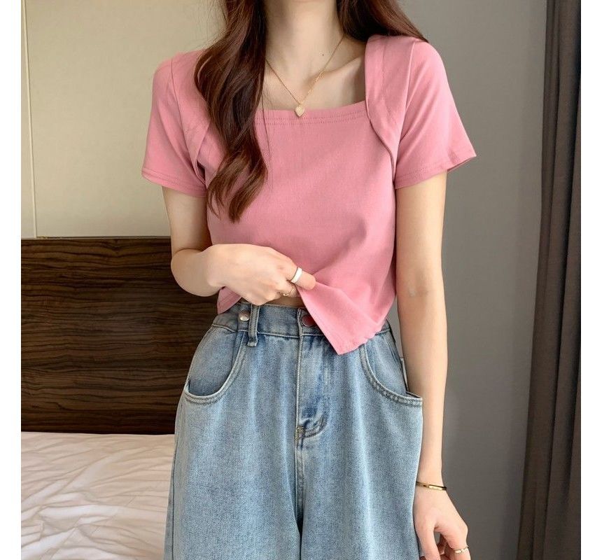 T-Shirt Cropped Square Neck Irregular Short-Sleeve