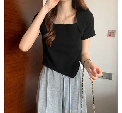 T-Shirt Cropped Square Neck Irregular Short-Sleeve