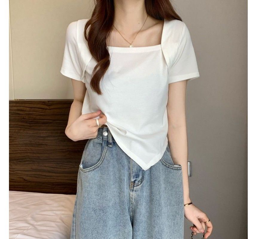 T-Shirt Cropped Square Neck Irregular Short-Sleeve