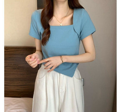 T-Shirt Cropped Square Neck Irregular Short-Sleeve