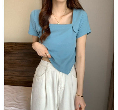 T-Shirt Cropped Square Neck Irregular Short-Sleeve