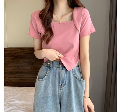 T-Shirt Cropped Square Neck Irregular Short-Sleeve