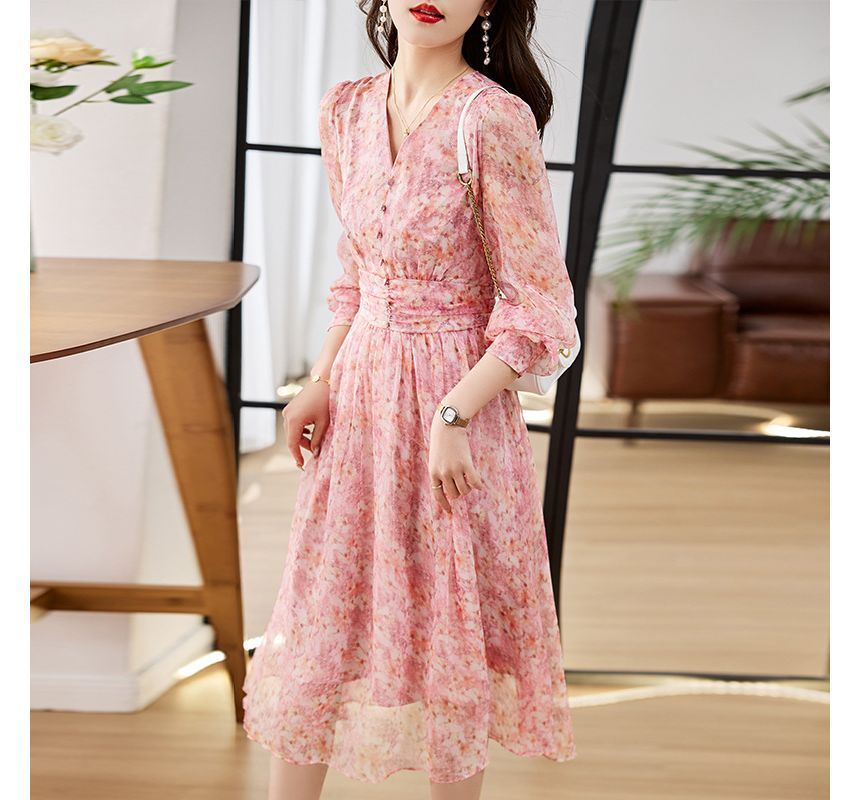 Long-Sleeve V-Neck Floral Print Button Midi A-Line Dress