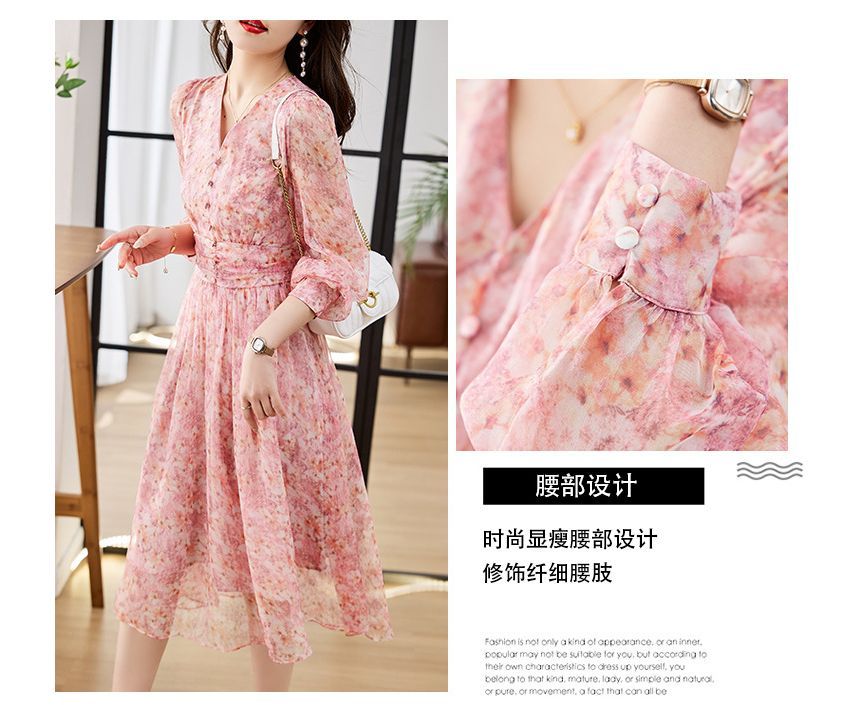 Long-Sleeve V-Neck Floral Print Button Midi A-Line Dress