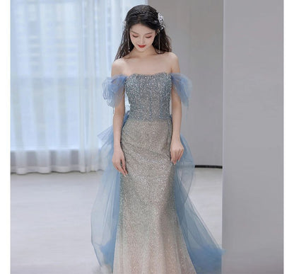 Short-Sleeve Off Shoulder Gradient Sequin Panel Mesh Mermaid Evening Gown