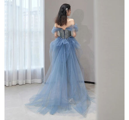 Short-Sleeve Off Shoulder Gradient Sequin Panel Mesh Mermaid Evening Gown