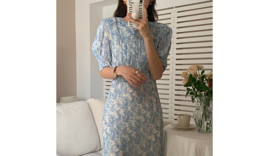 Short-Sleeve Crew Neck Floral Print Ruched Midi A-Line Dress