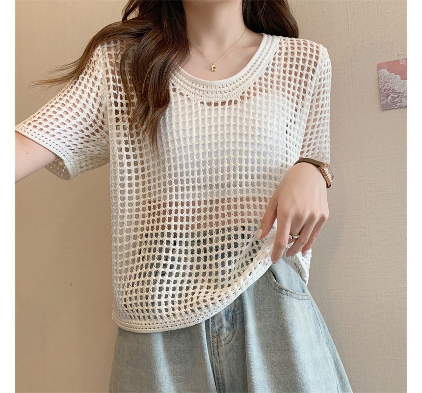 Knit Perforated Top Short-Sleeve
