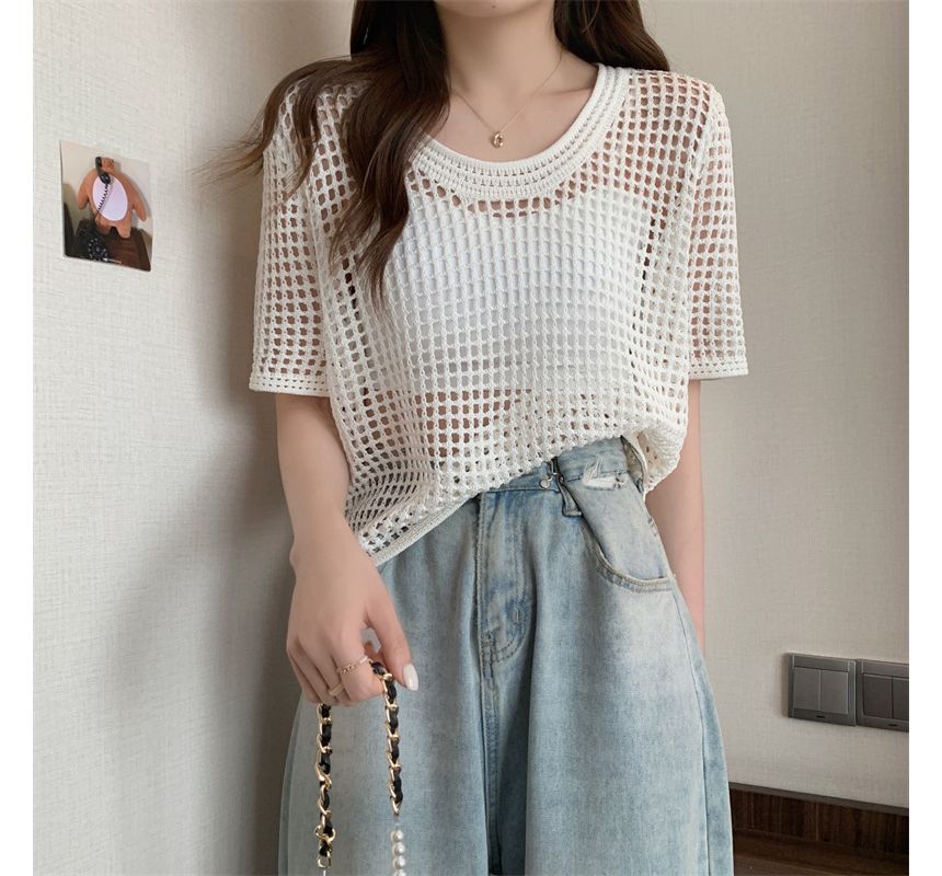 Knit Perforated Top Short-Sleeve