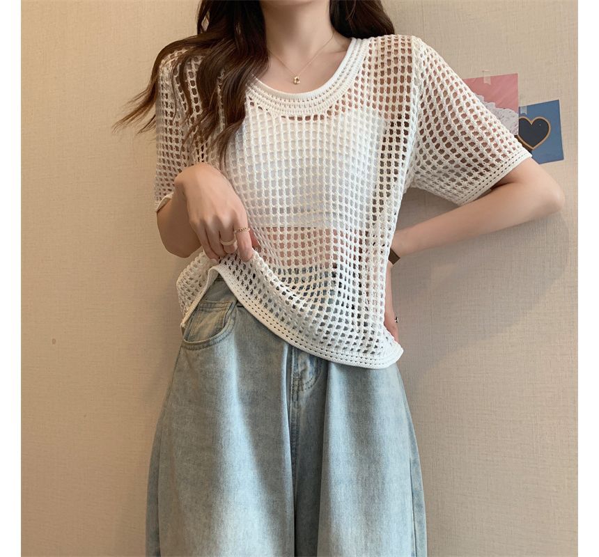 Knit Perforated Top Short-Sleeve