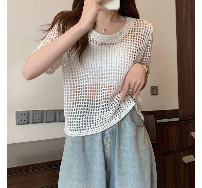 Knit Perforated Top Short-Sleeve