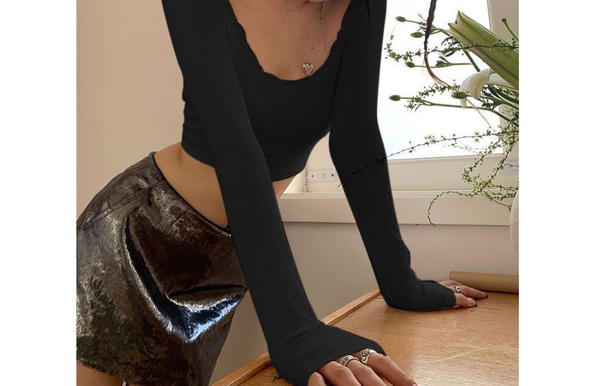 Neck Scoop Plain Crop Tee Long-Sleeve Lace Backless Ribbed Trim